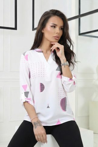 Блуза “White Geo Art” – бяла блуза с модерен геометричен принт арт.1463