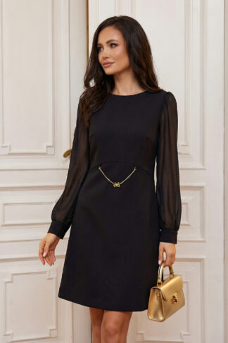Рокля “Black Charm” – черна рокля с прозрачни ръкави и златна верижка арт.1788
