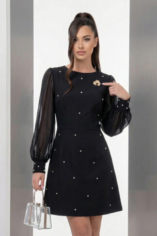 Рокля “Crystal Noir” – черна рокля с камъни и прозрачни ръкави арт.1785