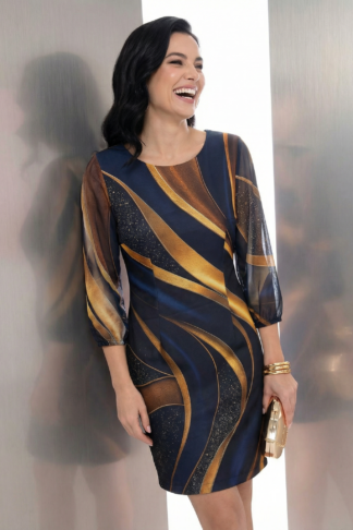 Рокля “Midnight Swirl” – вечерна рокля със златно-син принт арт.1495