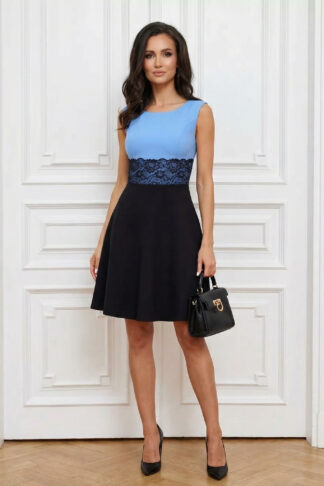 Рокля “Blue Harmony” – двуцветна рокля полуклош с дантела арт.1253-1