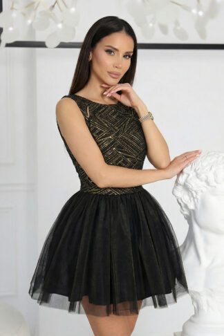Рокля “Golden Geometry” – черна тюлена рокля със златен жакард арт.1500