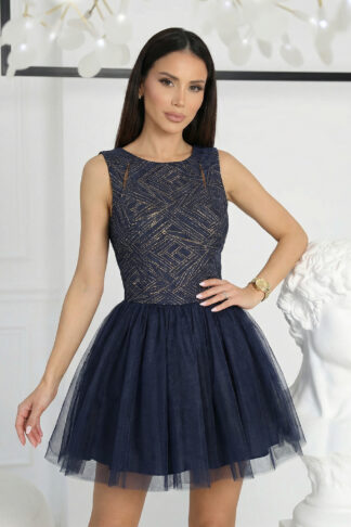 Рокля “Midnight Geometry” – тъмносиня тюлена рокля със златен жакард арт.1501