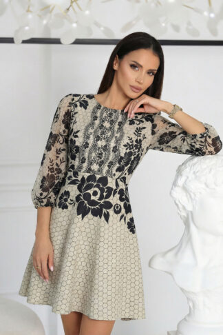 Рокля “Embroidered Grace” – бежова рокля с черен флорален принт и прозрачни ръкави арт.1497-1