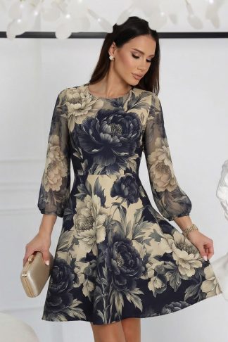 Рокля “Floral Midnight Bloom” – елегантна рокля с флорален принт и шифон ръкави арт.1516