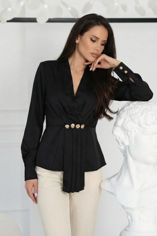 Блуза “Black Elegance” – черна блуза с плисета и декоративни копчета арт.5073