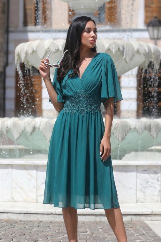 Рокля “Teal Grace” – елегантна рокля с дантела и плисирани ръкави арт.1791