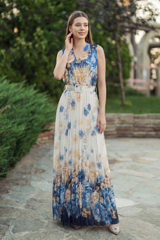 Рокля “Blue Harmony” – дълга рокля със син флорален орнамент арт.1805