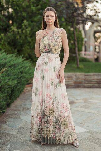 Рокля “Floral Muse” – дълга рокля със зелен флорален принт и колан арт.1806