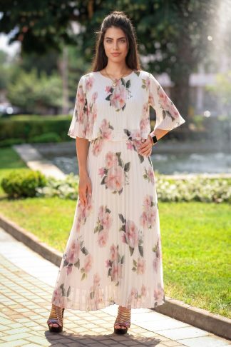 Рокля “Pink Garden Pleats” – дълга бяла рокля солей с флорален принт арт.1817