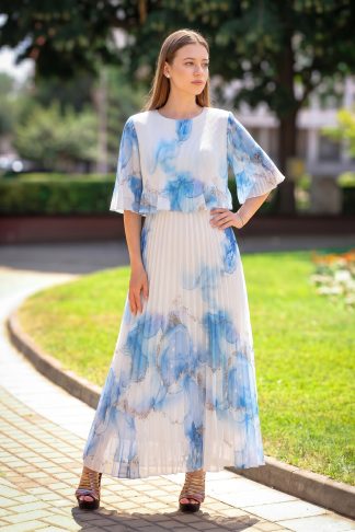 Рокля “Blue Watercolor Pleats” – дълга рокля солей със син акварелен принт арт.1818