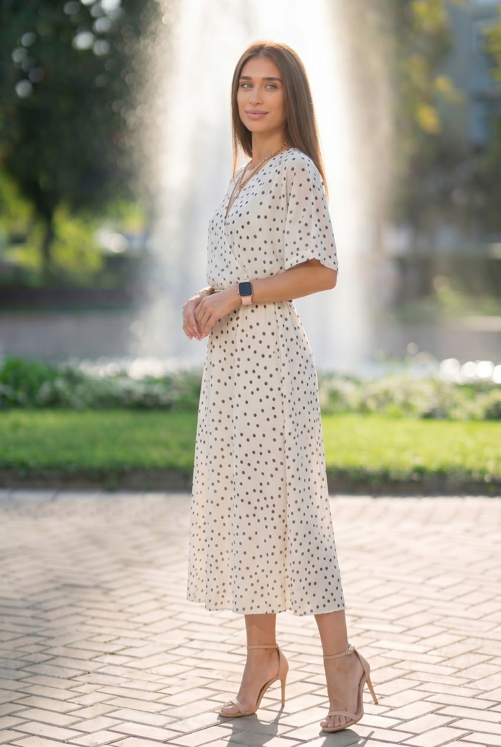 Рокля “Dotty Chic Belted” – бяла дълга рокля на точки с колан арт.1822 - Image 2
