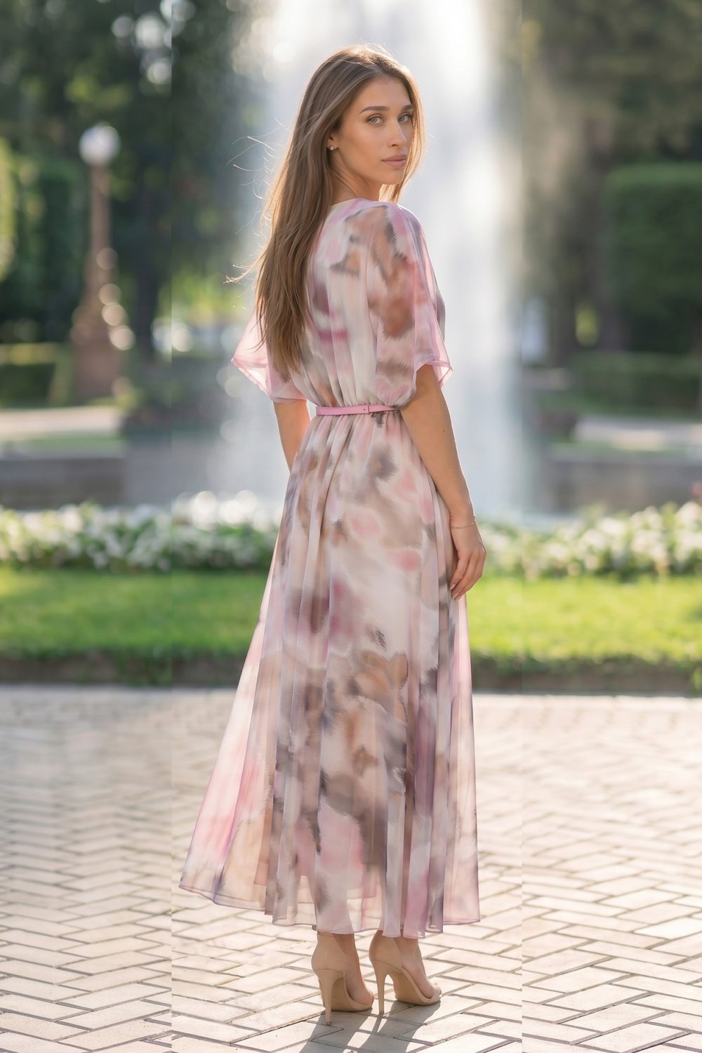 Рокля “Blossom Breeze” – дълга ефирна рокля акварелен принт пудра с колан арт.1821 - Image 2
