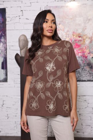 Блуза “Brown Floral Art” – кафява блуза с апликация арт.5088