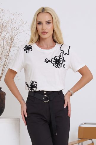 Блуза “Rosella Floral White” – бяла блуза с черна апликация арт.5091