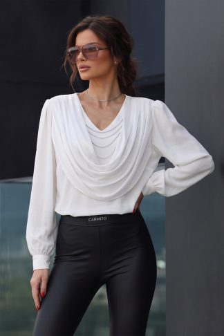 Блуза “Silver Draped Elegance” – елегантна бяла блуза с ефектно деколте арт.6007