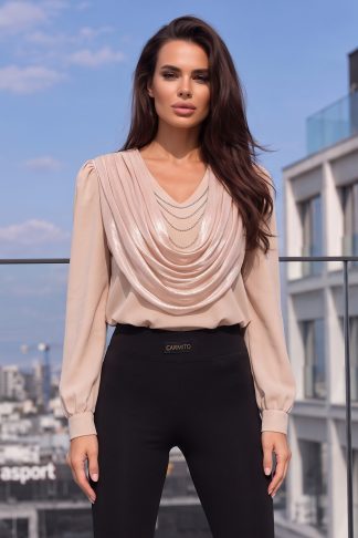 Блуза “Nude Draped Elegance” – елегантна бежова блуза с ефектно деколте арт.6009