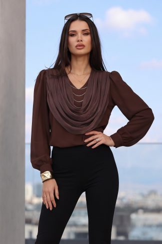 Блуза “Chocolate Luxe Draping” – елегантна кафява блуза с ефектно деколте арт.6010